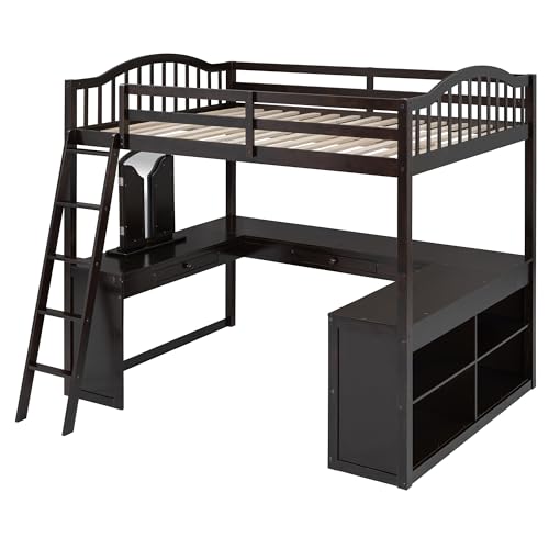 Harper & Bright Designs Full Size Loft Bed with Desk, Storage Shelves and Drawers, Solid Wood Loft Bed Frame with Built-in Wardrobe, Walnut