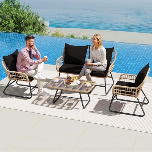 YITAHOME 4-Piece Patio Furniture Wicker Outdoor Bistro Set, All-Weather Rattan Conversation Loveseat Chairs for Backyard
