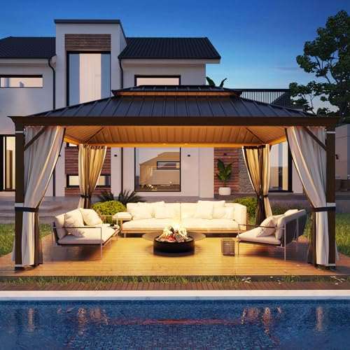 YOLENY 10' x 12' Hardtop Gazebo, Metal Gazebo with Aluminum Frame, Double Galvanized Steel Roof, Curtains and Netting Included