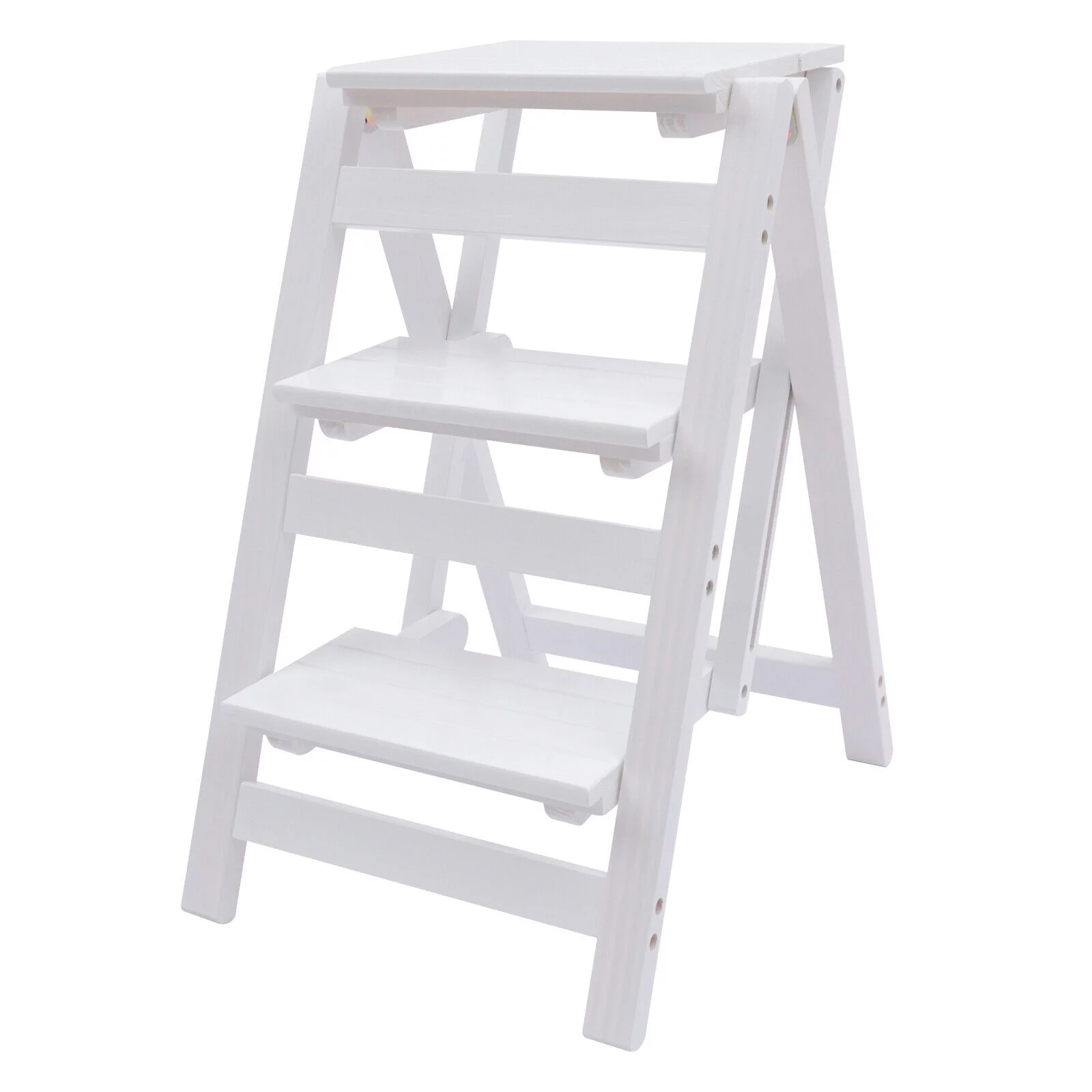 DENEST Folding Step Ladder 3-Layer Folding Wooden Step Stool Anti-Slip White 150kg