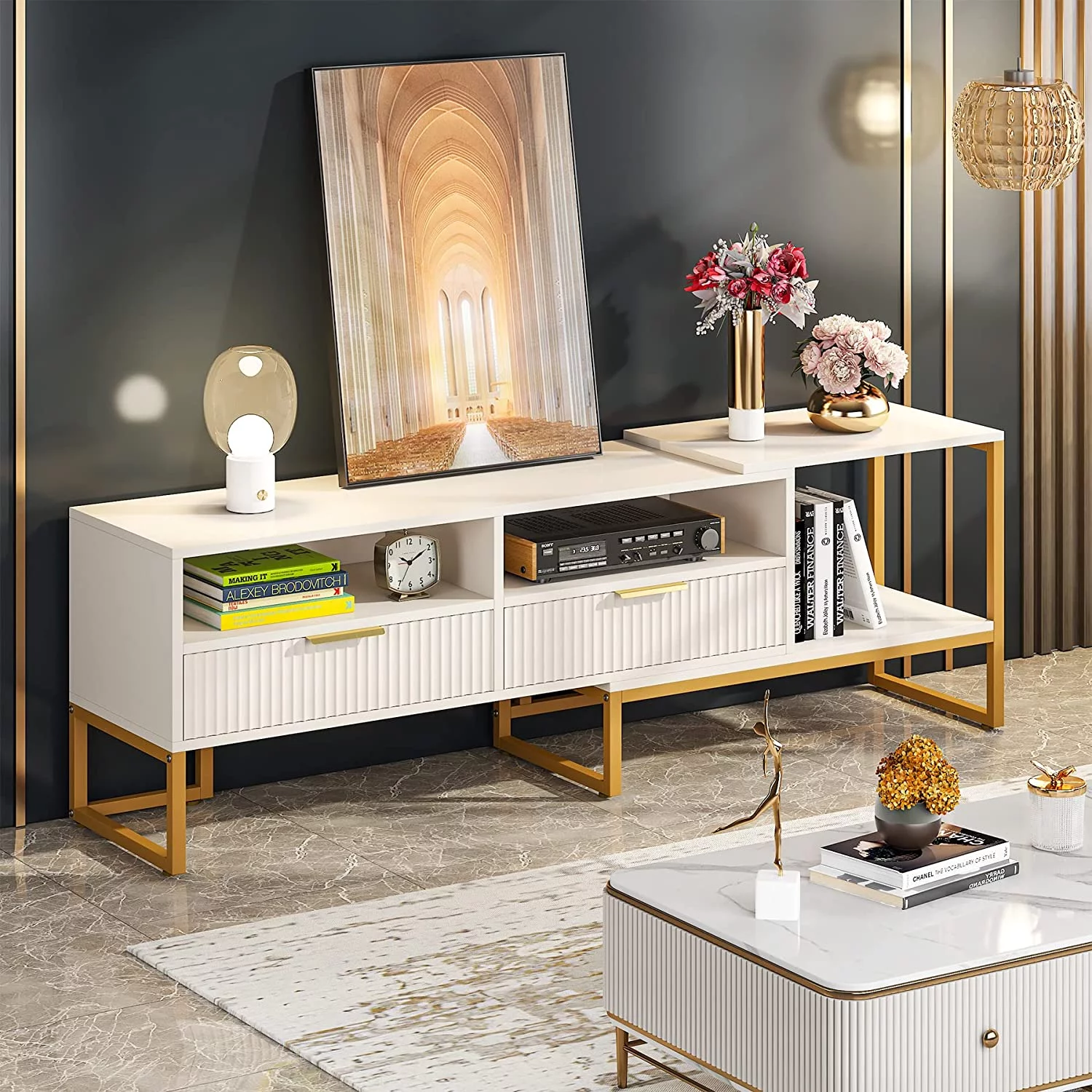 63" Wide TV Stand for TVs up to 65 55 inches, White and Gold Television Stands Entertainment Centers with 2 Drawers and Open Shelves