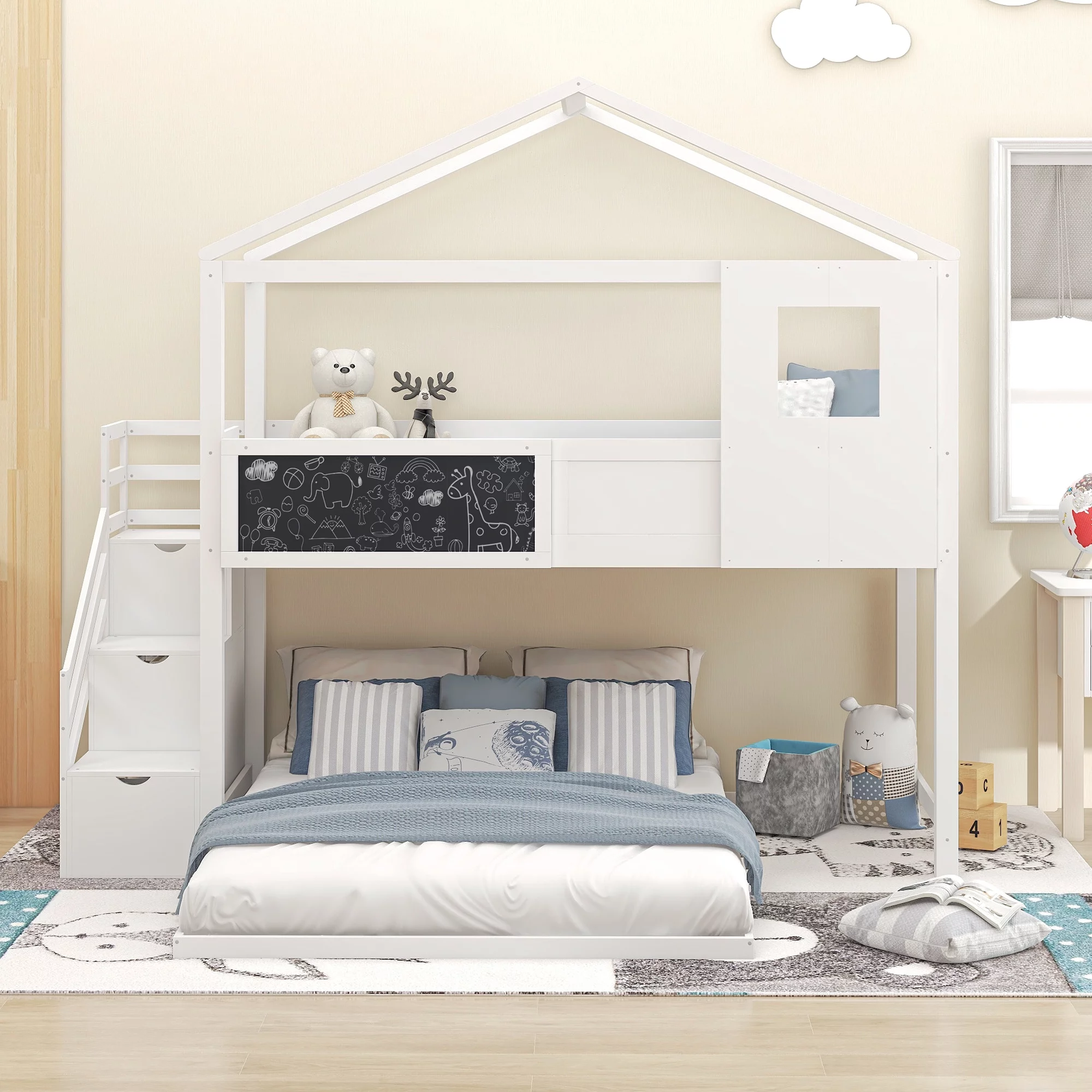 SYNGAR House Bunk Beds for Kids, Solid Wood Twin over Full Bunk Bed with Storage Staircase and Blackboard