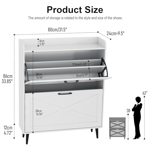 Shoe Storage Cabinet for Entryway with 2 Flip Doors, Hidden Shoe Storage Organizer with Metal Legs for Entryway, Closed Slim Shoe Rack Cabinet, White