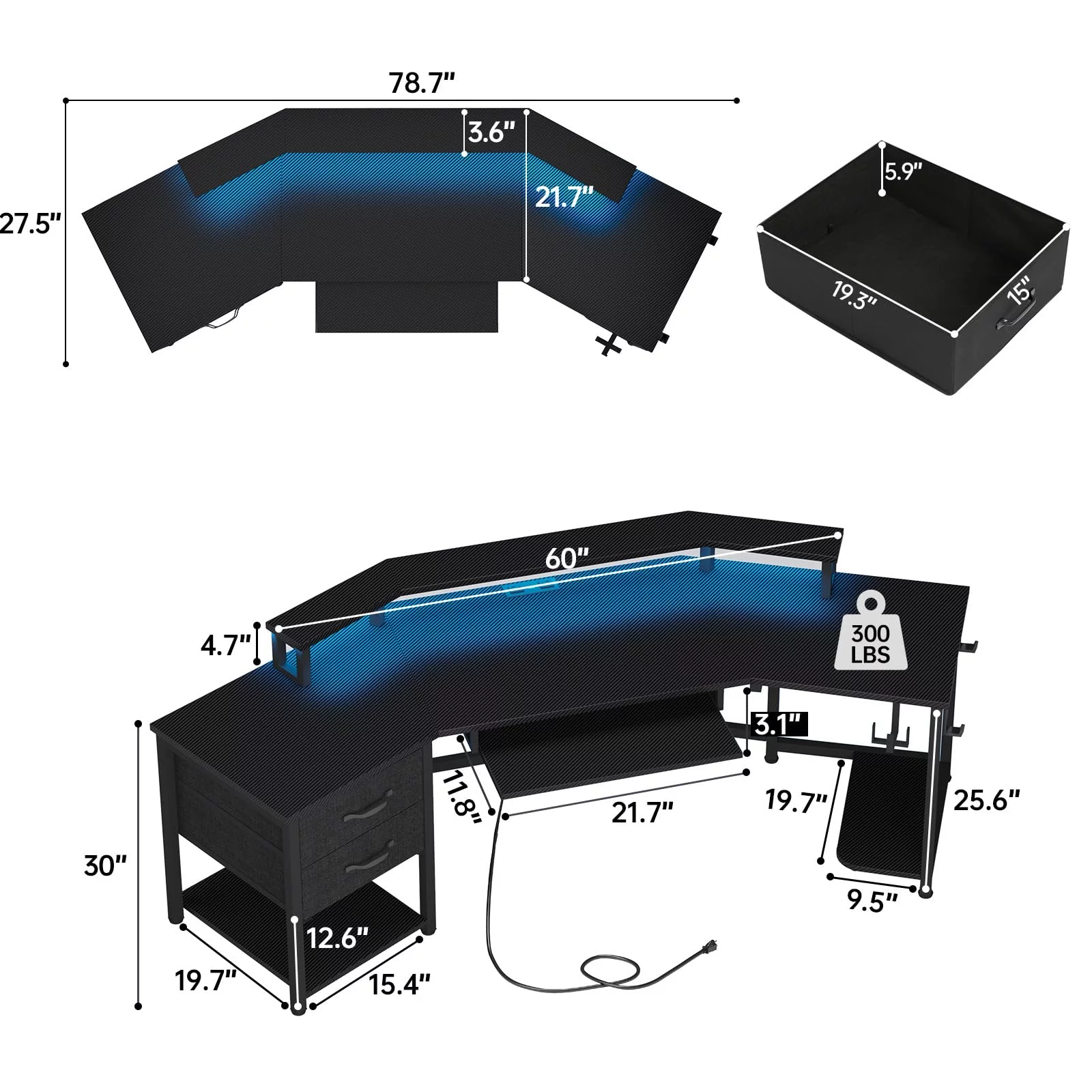 79" Gaming Desk with LED Lights&Power Strip&2 Fabric Drawers, Modern L Shaped Computer Desk for Home Office with Storage Shelf&Keyboard Tray, Black