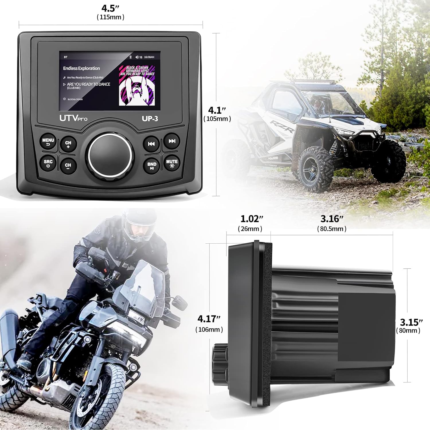 Powersports UTV Stereo AM/FM with Bluetooth Streaming 3 Zone, Compatible to Rear View Camera, External Amplifier Switch on/Off