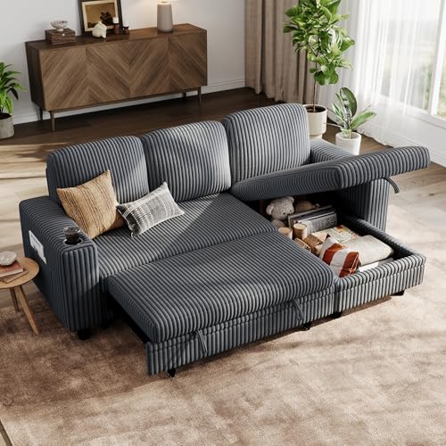 LINSY HOME Sectional Sleeper Sofa with Pull Out Couch Bed Convertible Plush Corduroy Cloud Couch with Storage Chaise & USB Charging
