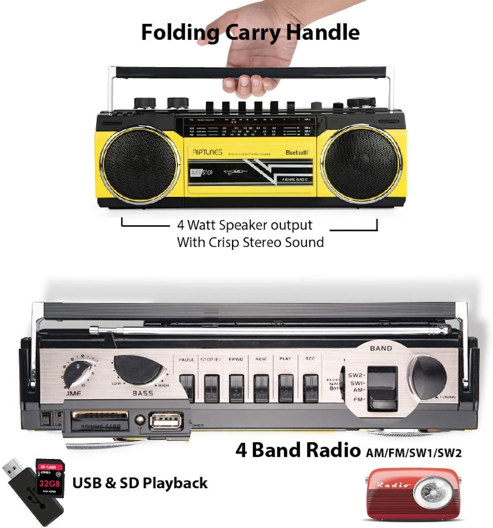 Riptunes Cassette Boombox, Retro Blueooth Boombox, Cassette Player and Recorder, AM/FM/ SW-1-SW2 Radio-4-Band Radio, USB, and SD, Yellow
