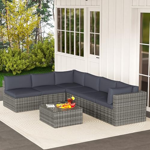 7 Pieces Outdoor Patio Furniture Sets with Glass Tea Table, PE Rattan Wicker Patio Conversation Set with Washable Cushions