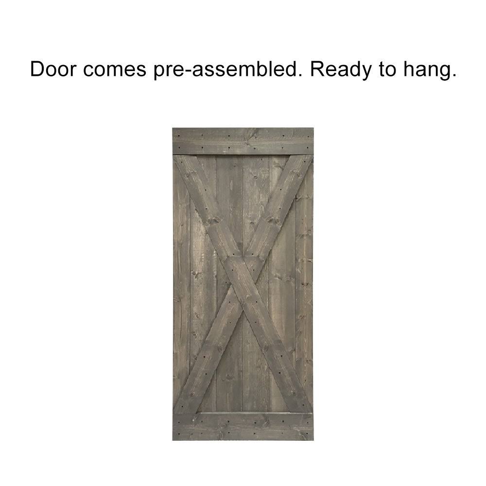 CALHOME x Series 36 in. x 84 in. Pre-Assembled Weather Oak Stained Wood Interior Sliding Barn Door with Hardware Kit