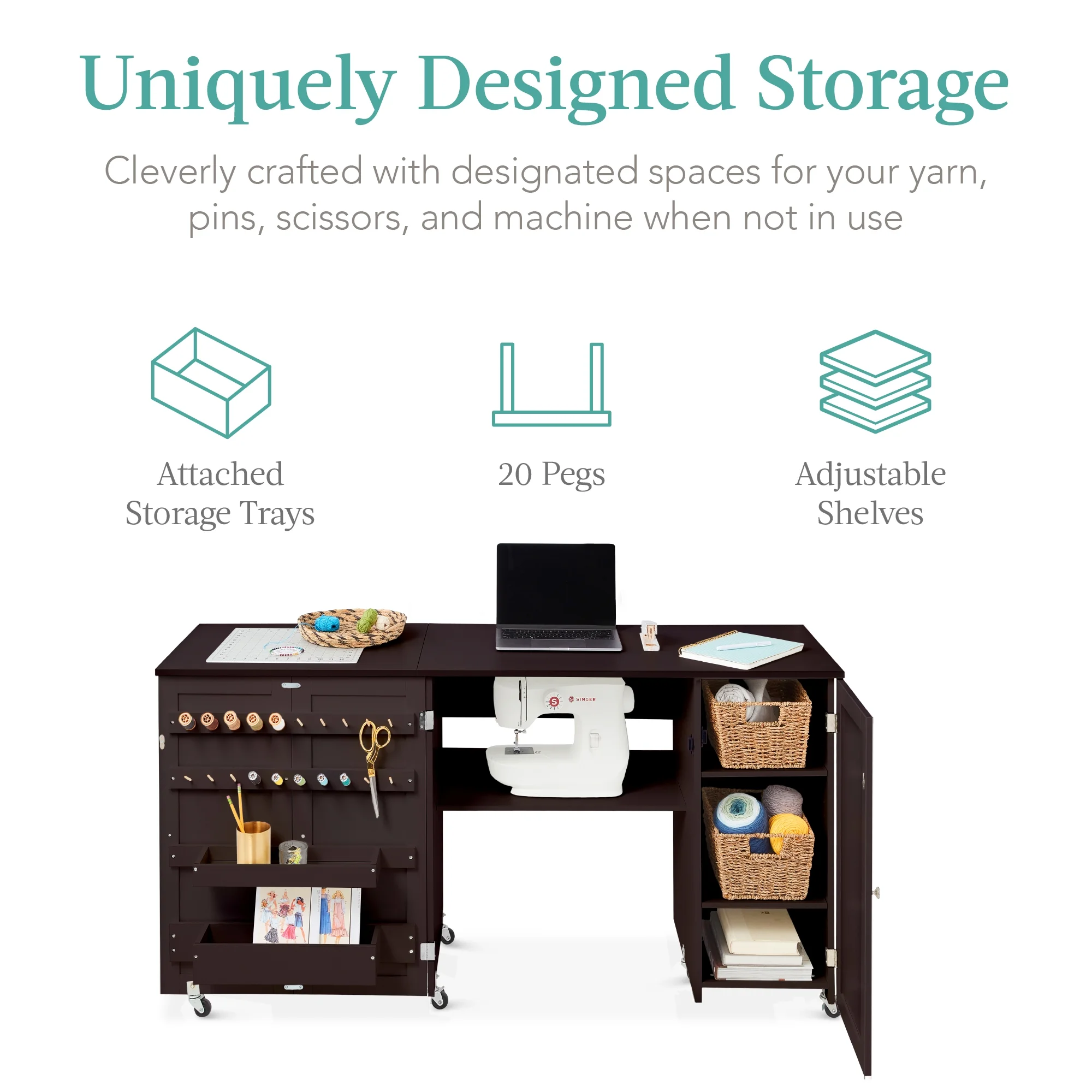 Best Choice Products Large Portable Multipurpose Folding Sewing Table w/ Magnetic Doors, Craft Storage - Brown