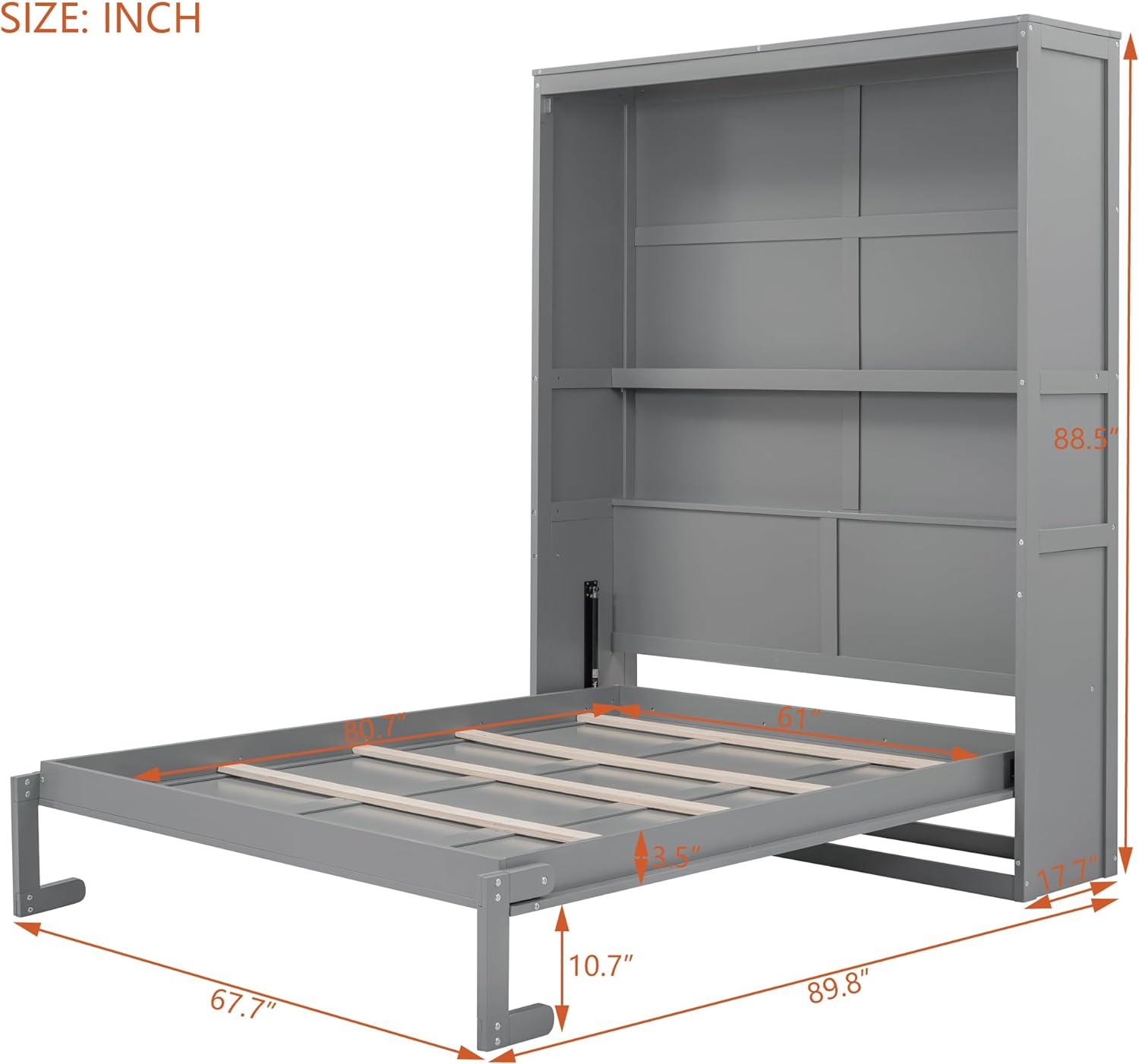 Queen Size Murphy Bed with Shelves, Easy Fold Wood Wall Bed, Space-Saving Murphy Bed Cabinet Queen for Guest Room Home Office,Grey