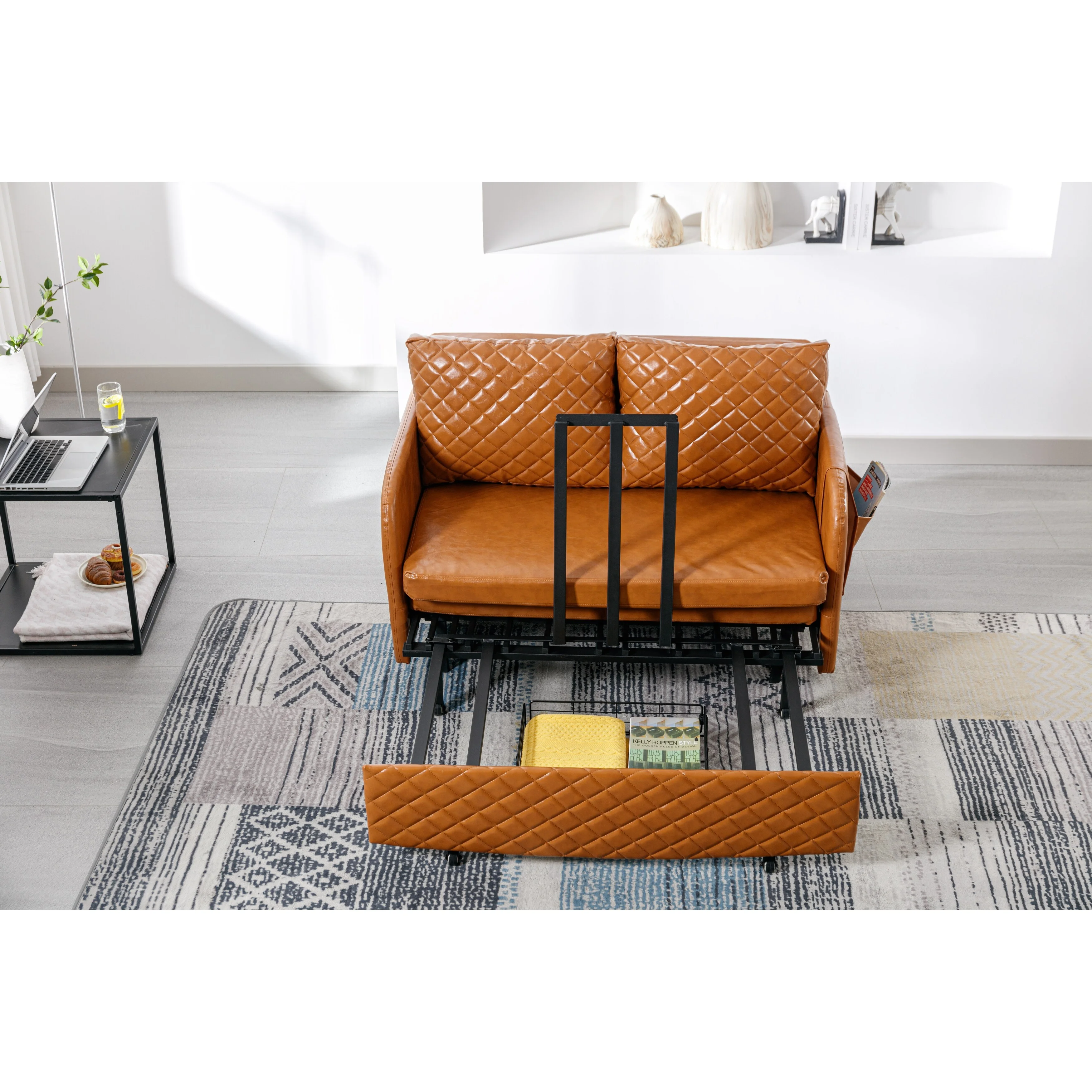 47.64" Modern Convertible Sleeper Loveseat Sofa Bed with Headboard, Pull-Out Function, 2 Pillows, and Side Pockets