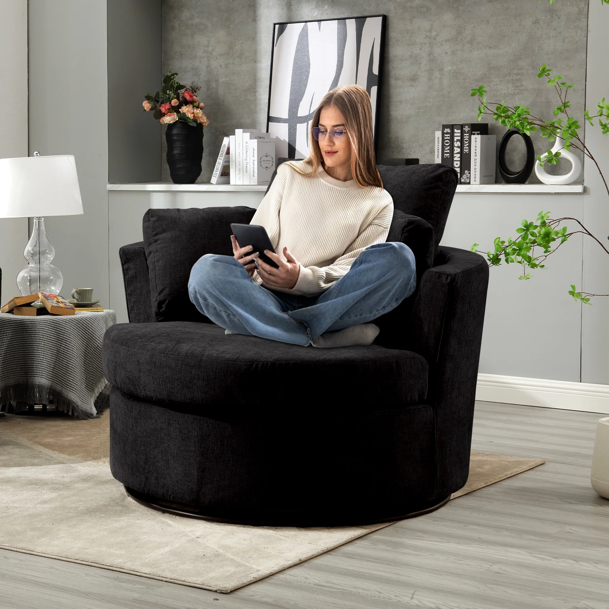 Muumblus Chenille Swivel Accent Chair Barrel Chair, Oversized Comfy Armchair with Pillows, Modern Leisure Sofa Chair for Living Room Bedroom, Black