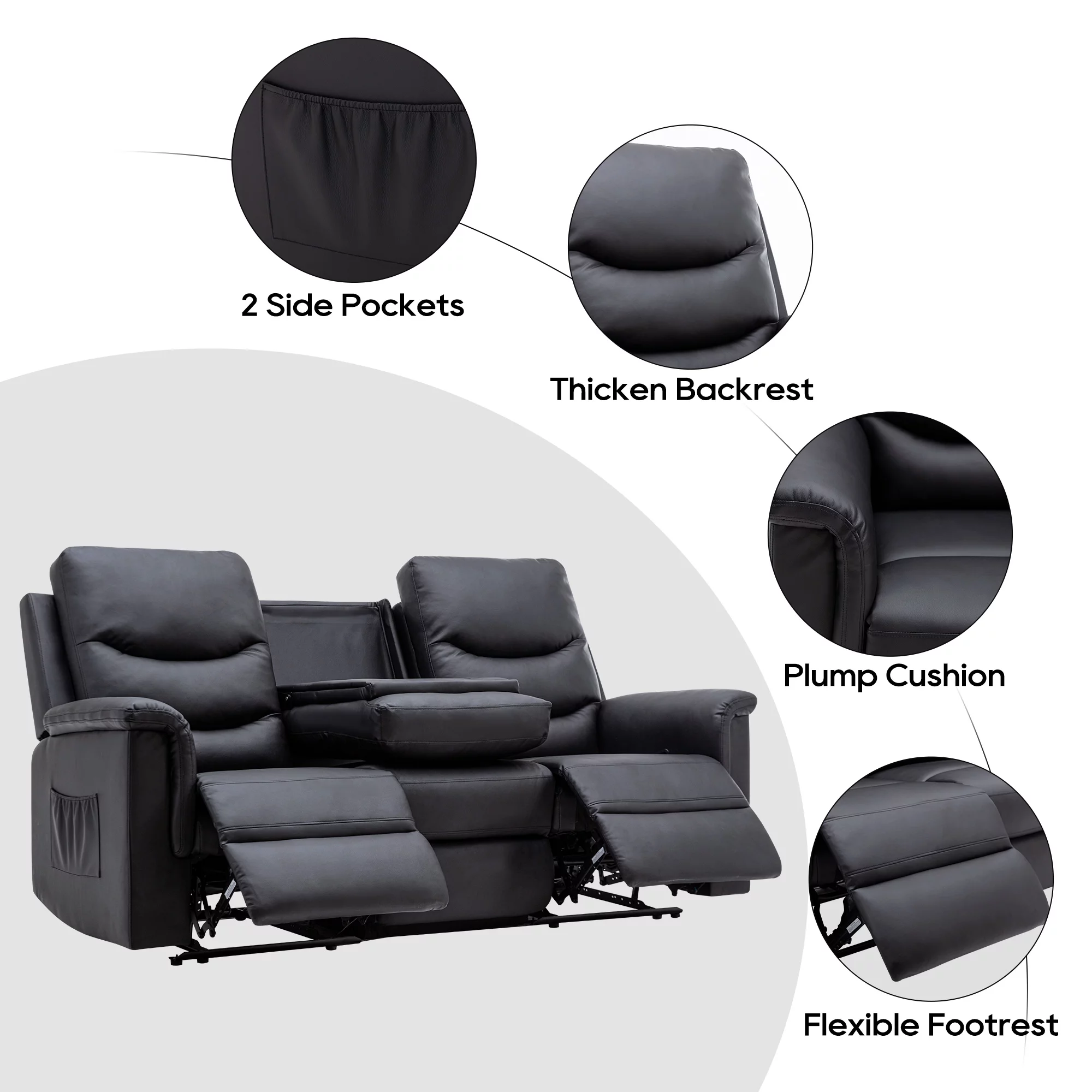 Reclining Sofa, 3 Seater Sofa Recliner with Flipped Middle Backrest, PU Leather Reclining Sofa with 2 Cup Holders and Console Slate