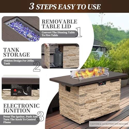 43¡± Propane Fire Pit Table Outdoor Rectangular Stone Firepit Table 50,000 Btu Propane Fire Tables for Outside Patio with Glass Wind Guard, Lid