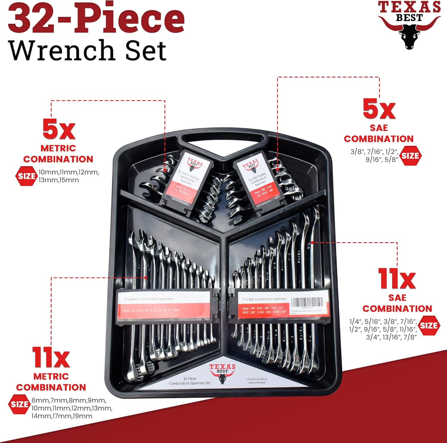 Texas Best Chrome Vanadium Steel Combination Wrench Set | SAE (Inch) & Metric Sizes | Quick Access Hanging Tray | Carry Case Master Organizer