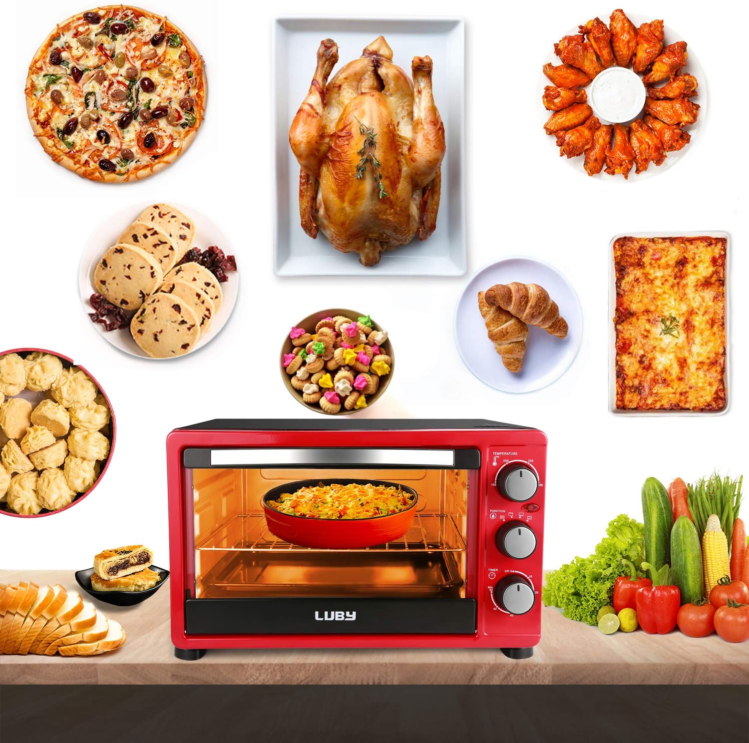 LUBY Convection Toaster Oven with Timer, Toast, Broil Settings, Includes Baking Pan, Rack and Crumb Tray, 6-Slice, Red Pack of 2