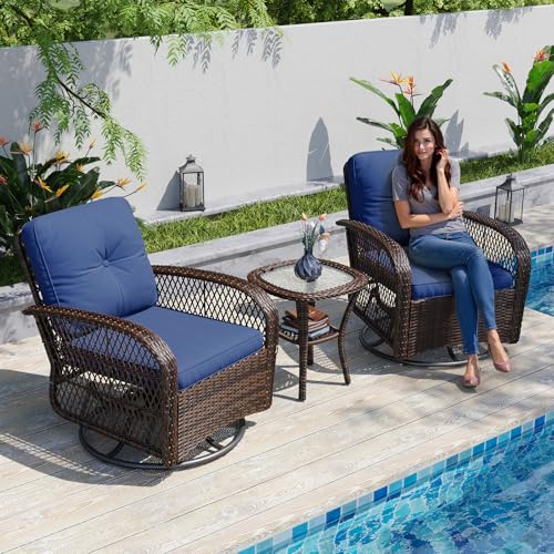 Aoxun 3 Pieces Patio Furniture Set, Patio Swivel Rocker Chairs Set of 2, Wicker Outdoor Bistro Set with Rocking Chair