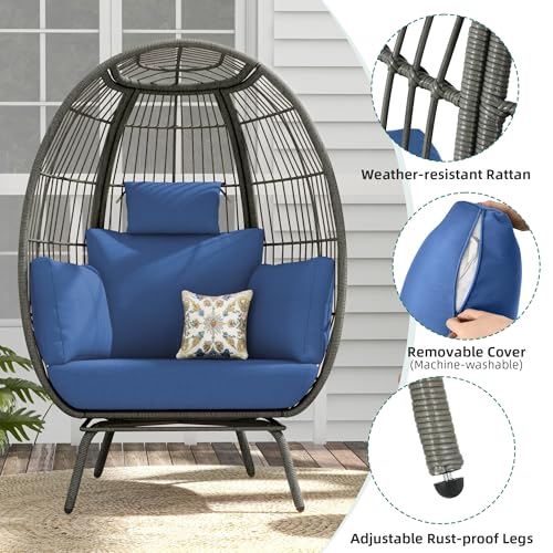DWVO Rattan Egg Chair with Ottoman, Indoor Outdoor Egg Shape Wicker Chair for Patio, Backyard, Living Room, Basket Chair w/Footrest, 5 Cushions