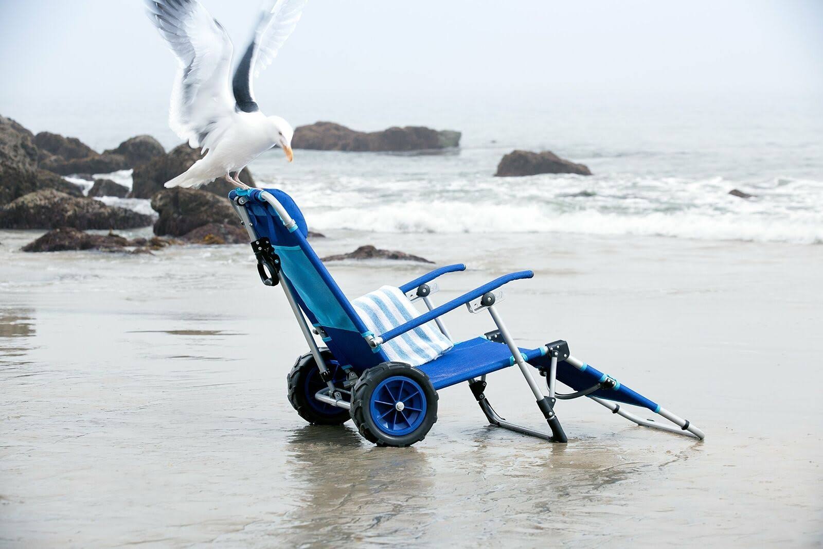 Mac Sports Beach Day Foldable Chaise Lounge Chair u0026 Integrated Pull Cart Combo, Blue