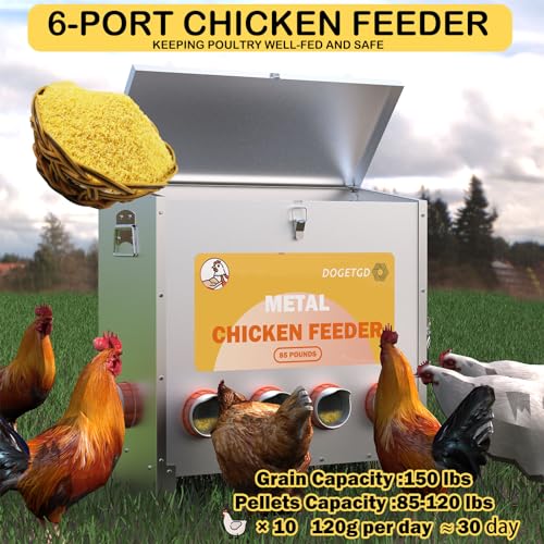 Automatic Chicken Feeder No Waste Metal Poultry Feeder Large Capacity 85lbs for Chickens, Geese, Ducks, Turkeys, Quails (10-Port)