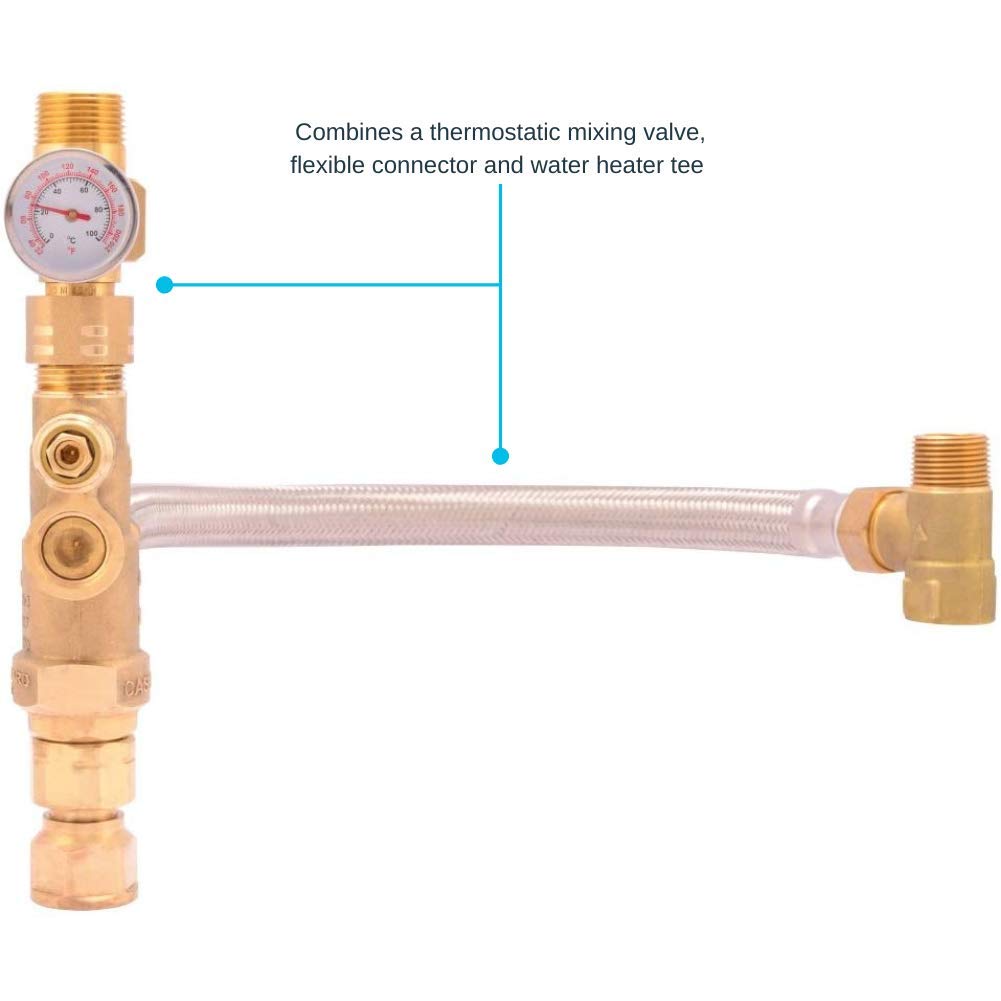 Cash Acme Water Heater Tank Booster Pro, Thermostatic Mixing Valve 3/4 with Temperature Gauge, Braided Hose, Domestic and Commercial Application