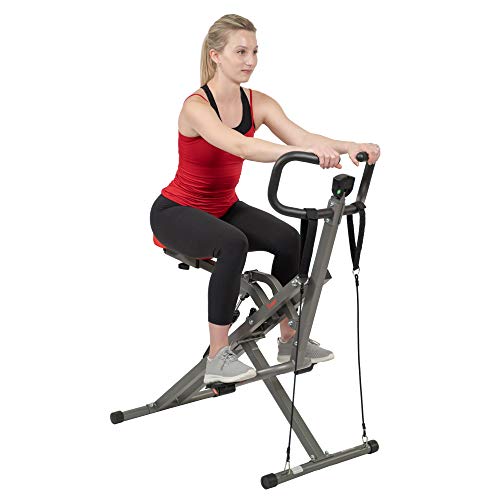 Sunny Health & Fitness Row-N-Ride PRO, Full Body Combo Squat Machine w/Optional Resistance Band, Easy Setup Ab Workout Exercise Equipment for Home