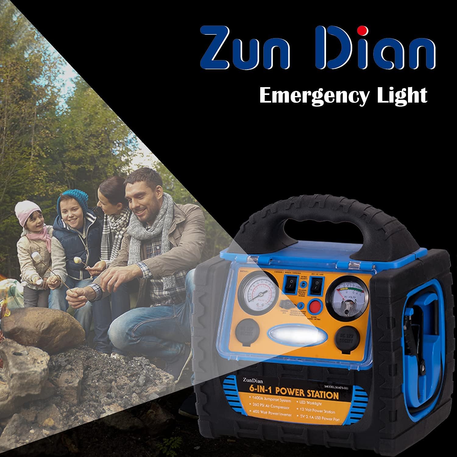 ZunDian Power Station 1400 Amp Battery Jump Starter with Air Compressor Car Tire Inflator, 110V 400W Power Inverter USB DC AC Outlet