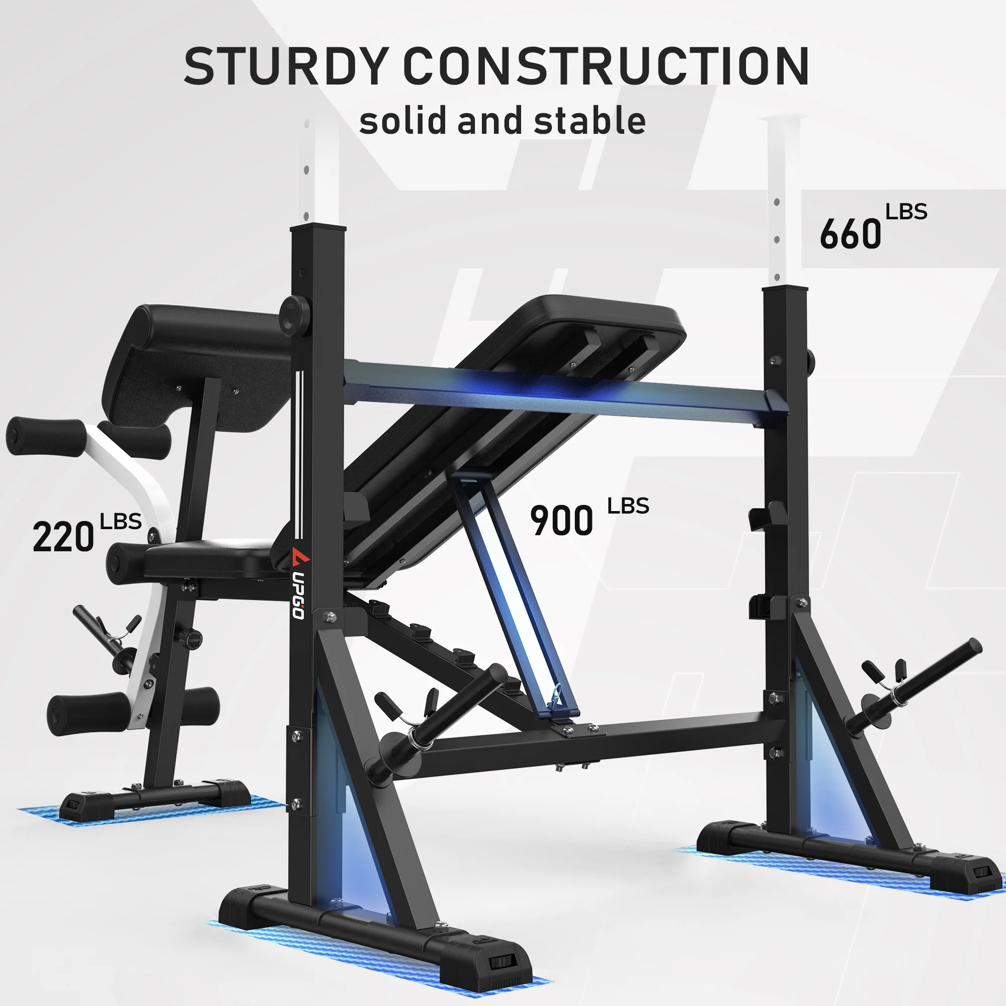 UPGO Standard Weight Bench, Bench Press Set with Preacher Curl Pad and Leg Developer for Home Gym Full-Body Workout,900lbs Max Weight