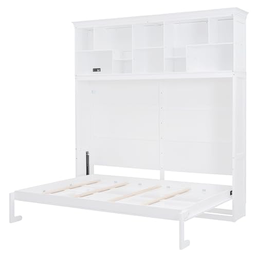 Ball & Cast Queen Size Murphy Bed Hideaway Wall Chest with Top Shelves & USB,Storage Cabinet Bed Frame w/Slat Support