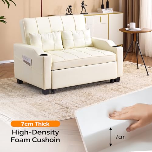 VINGLI Light Green Futon Sofa Bed Convertible Loveseat Sleeper Couch, Faux Leather Pullout Sofa Fold Out Couch Bed with USB Ports, Cup Holders