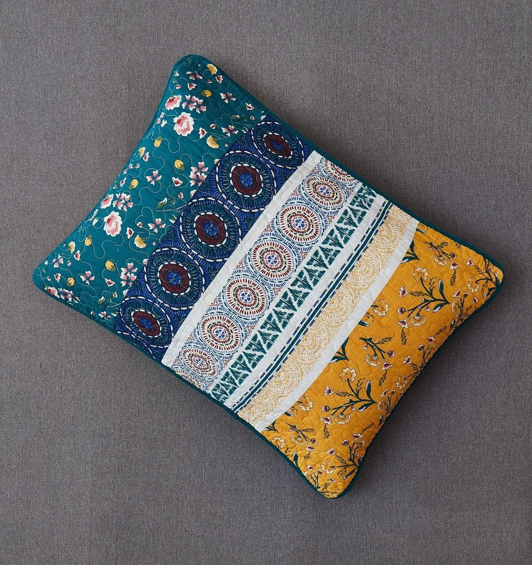 Bohemian Gardenia Floral Patchwork Bedspread Set - Cotton Bed Of Wild Flowers Botanical Quilted Coverlet - Bright Vibrant Yellow Blue Teal Green