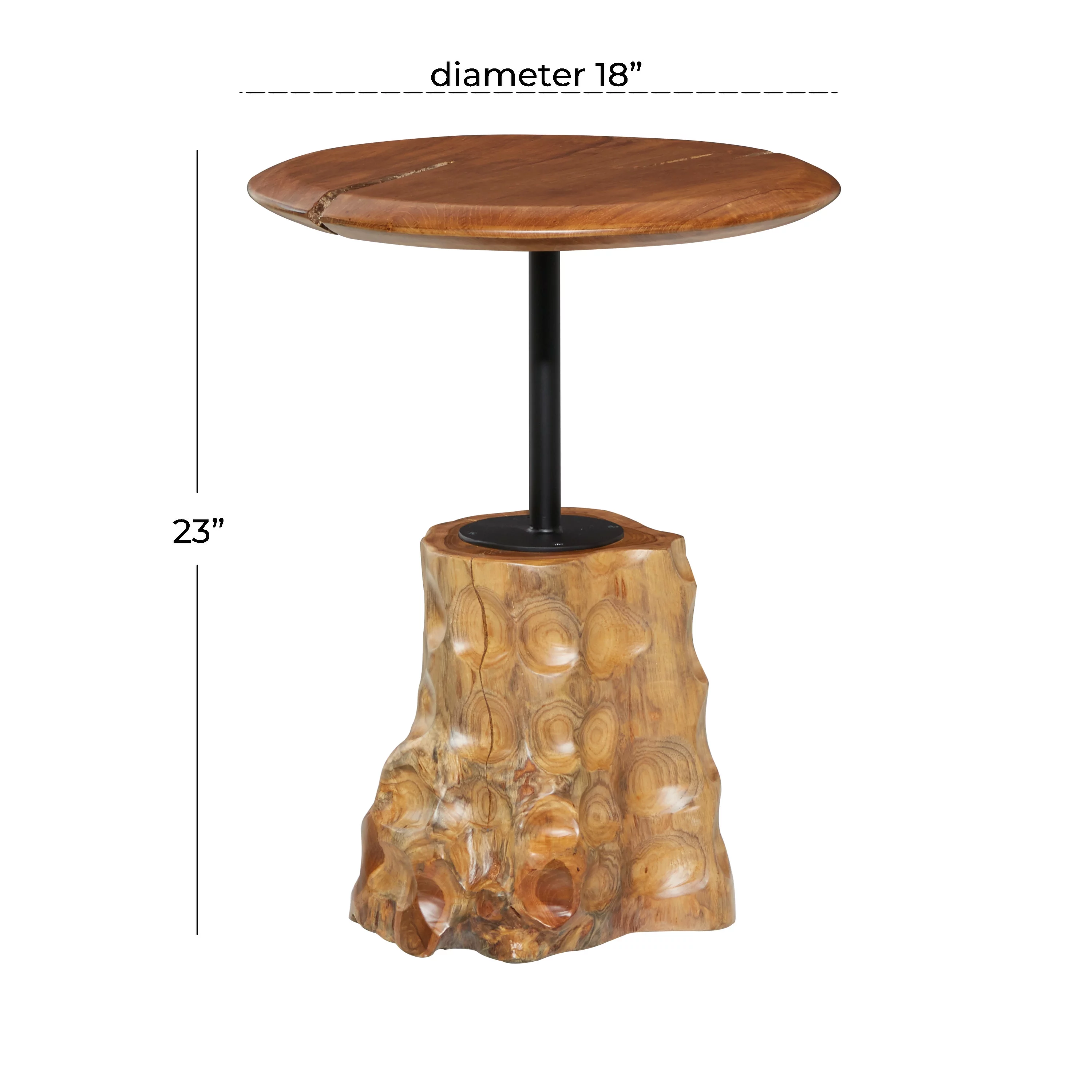 DecMode 18" x 23" Brown Teak Wood Handmade Live Edge Raised Tabletop Accent Table with Tree Stump Base, 1-Piece