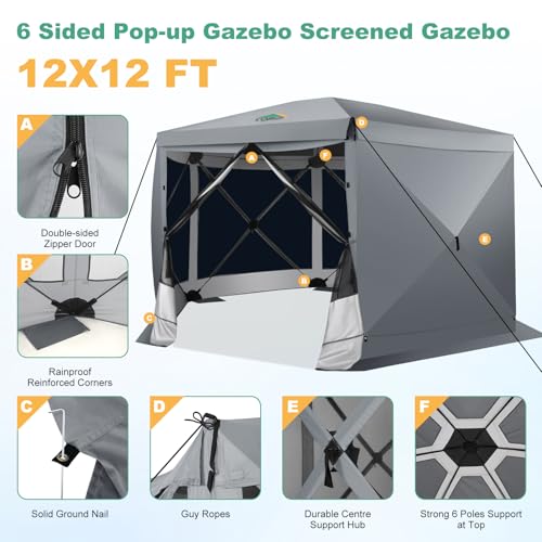 COBIZI 12x12ft Pop up Gazebo Screen Tent Screen House for Camping, Camping Outdoor Screened Gazebo, Canopy Tent