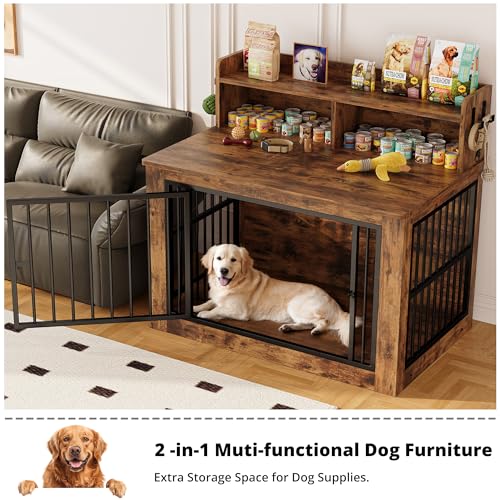 IRONCK Extra Large Dog Crate Furniture, 43.3 inches Wooden Dog Crate with Storage and 4 Hooks, Heavy Duty Pet Crate for Large Dog