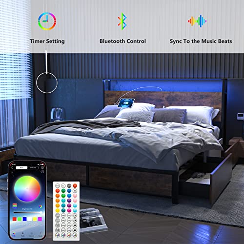 Gitua Full Size Bed Frame with Storage Drawers - Led Lights and Charging Station Metal Bed Frame with Headboard