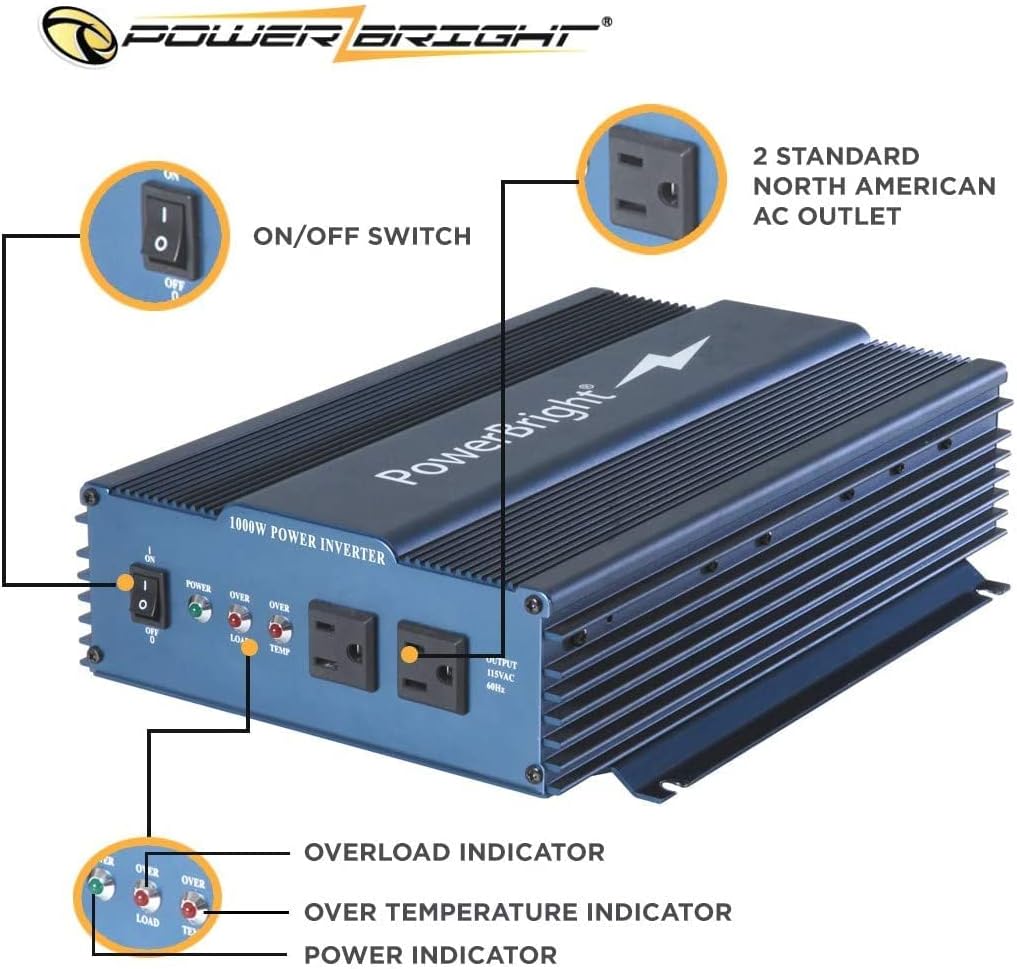 PowerBright 24 Volts Pure Sine Wave Power Inverter 300 Watt, True Sine Continuous 24 Volt DC to 120 Volt AC - Perfect for an Emergency, Hurricane