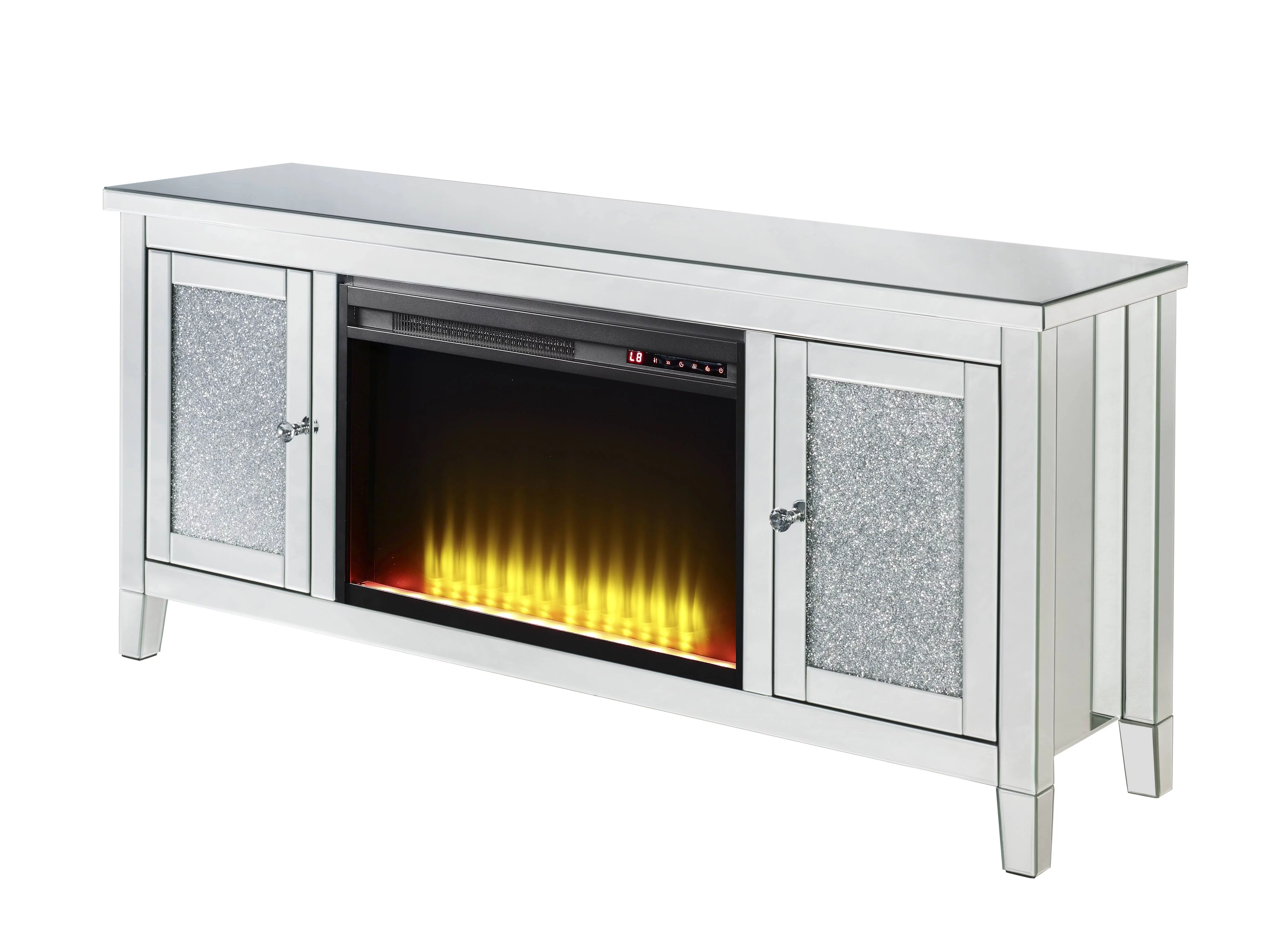 Nora lie TV Stand with Fireplace (LED) in Mirrored & Faux Diamonds