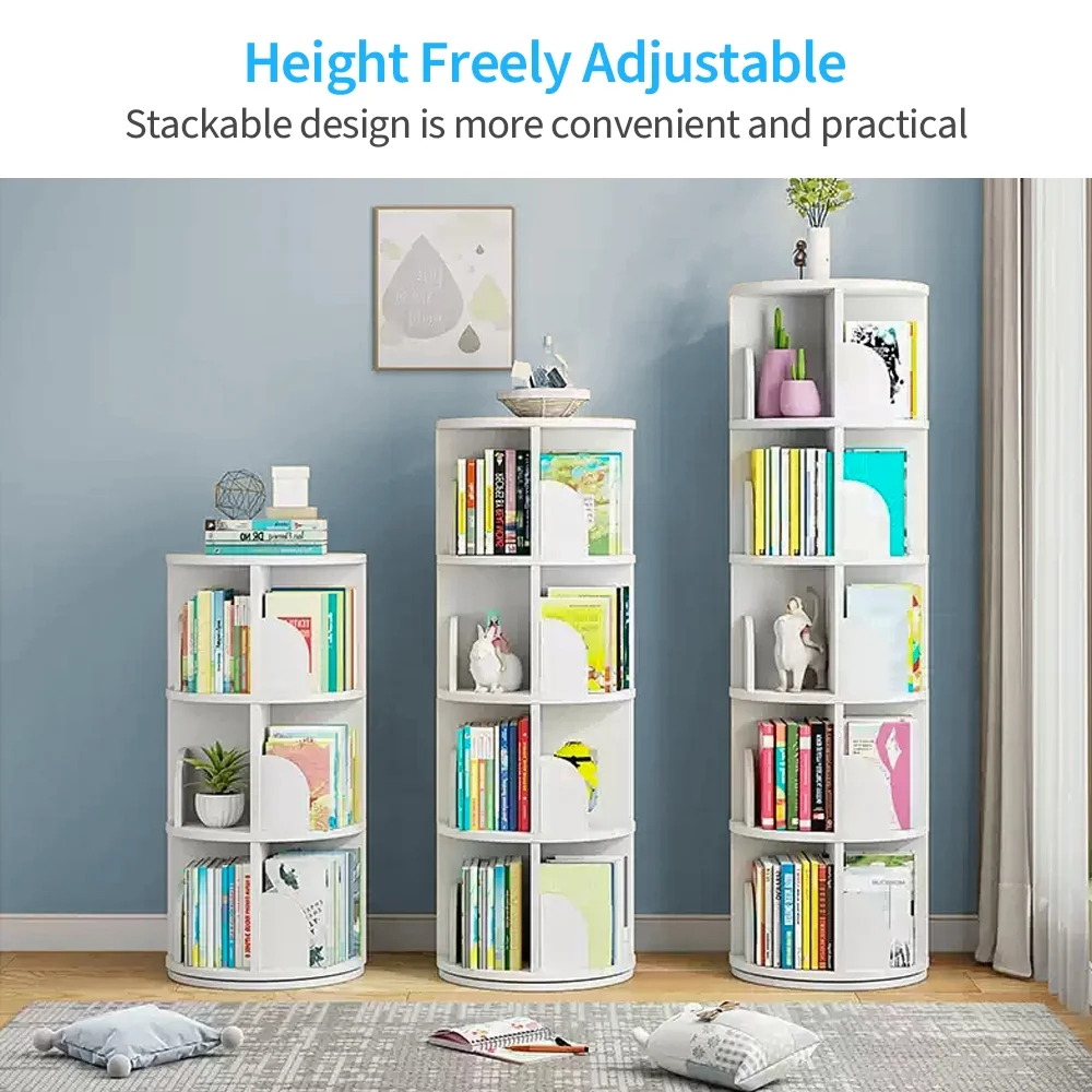bimiti 5 Tier Rotating Bookshelf, 360° Revolving Bookcase 20 Shelves Floor-Standing Storage Display Rack - White 63"x18"x18"