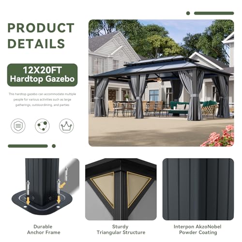 Aoxun 12'x10' Hardtop Gazebo, Aluminum Frame Permanent Pavilion with Curtains and Netting, Outdoor Polycarbonate Double Roof Canopy