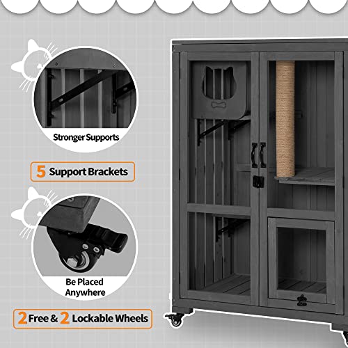 MCombo Luxury Cat House with Scratching Post, Wooden Multi Feature Large Cat Condo with Escape Door and Wheels