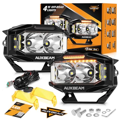 Auxbeam V-MAX Series 72W LED Pod Driving Lights, 4x2.5 Inch Rectangle Side Shooter Offroad Cube Spotlights with Amber DRL