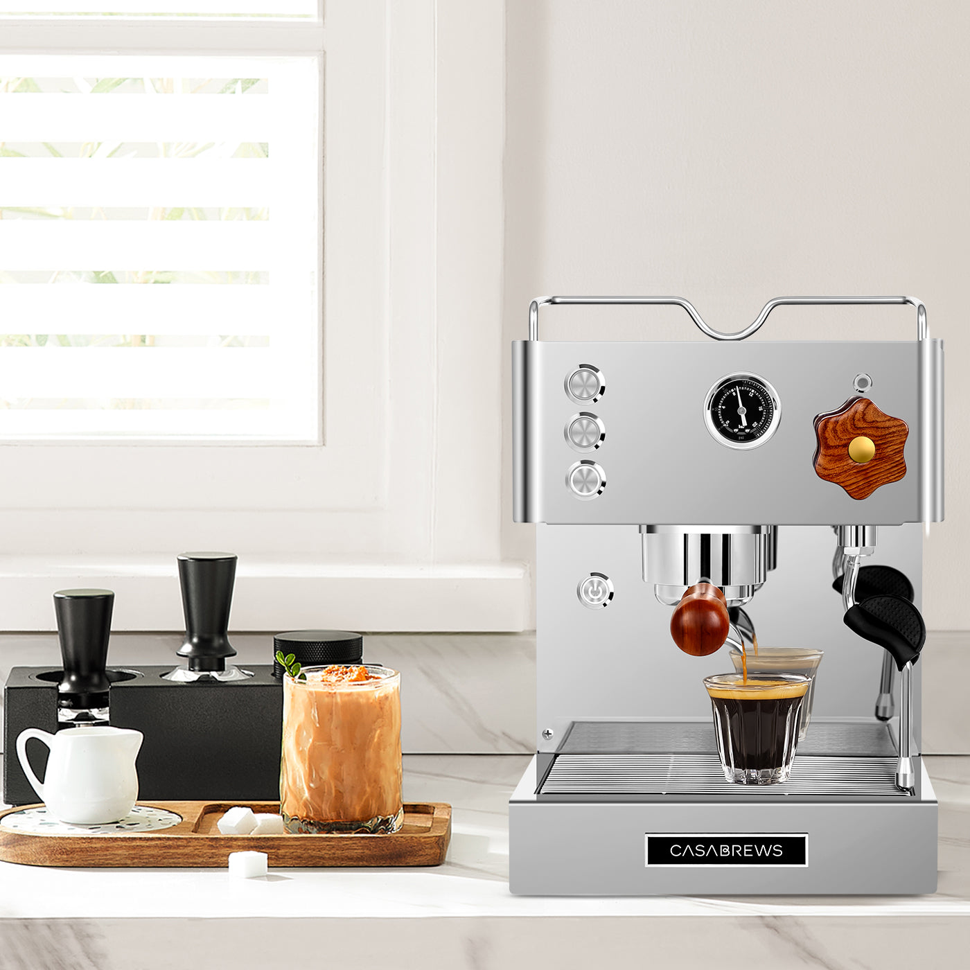 Casabrews 15 Bar Espresso Machine, Semi-Automatic Coffee Machine with Built-in Spotlight, Silver