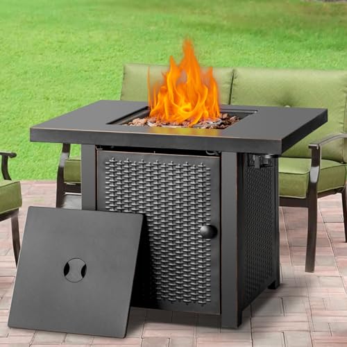 32 Inch Propane Fire Pit Table, Outdoor Gas Fire Pits with 2 Drink Holders, Lid & Lava Rock, 50000 BTU Firepit for Dinning, Party in Outside, Patio