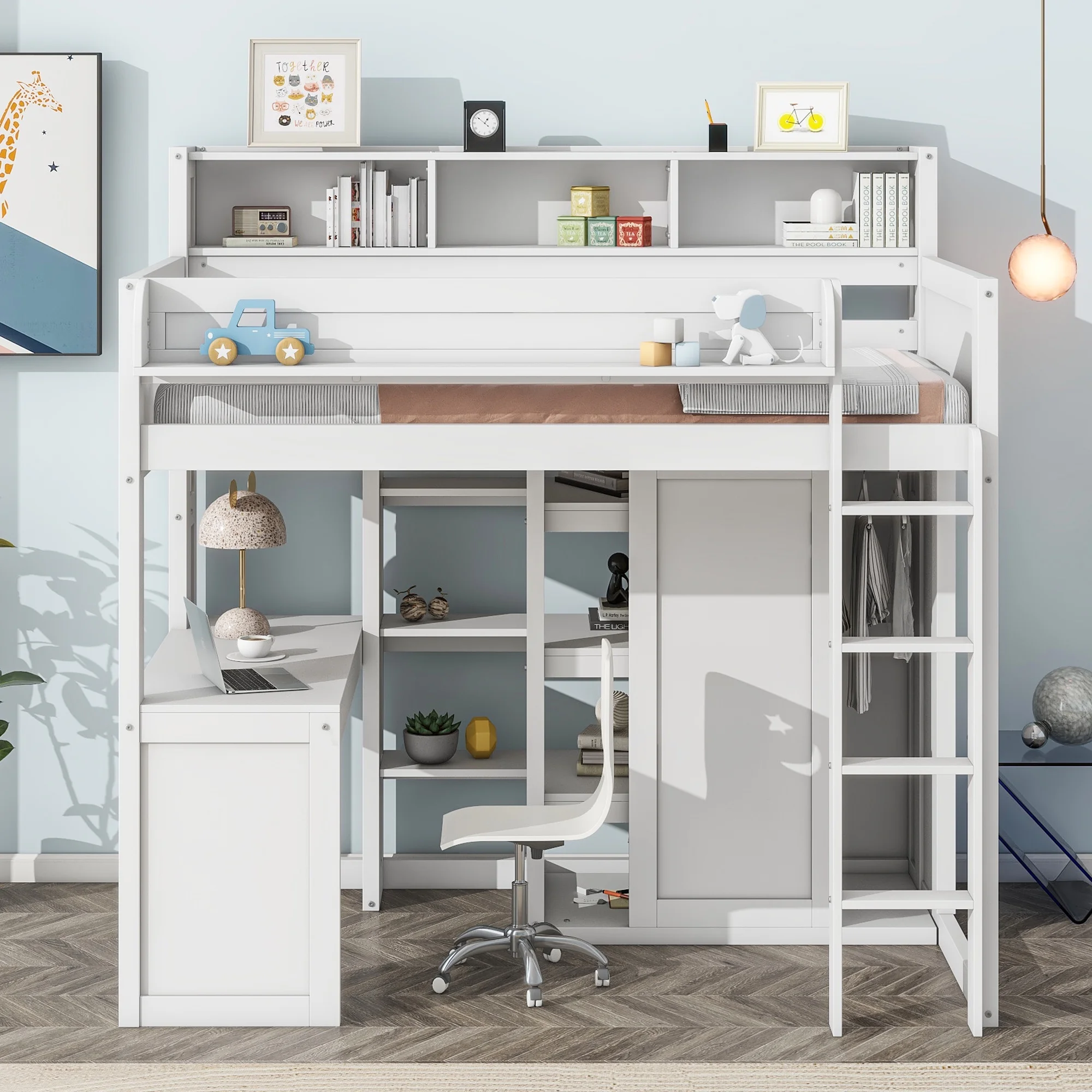 Euroco Pine Wood Twin Size Loft Bed with Desk, Wardrobe with Clothes Hanger and Display Shelves for Kids Bedroom, White - Curated Treasures Market