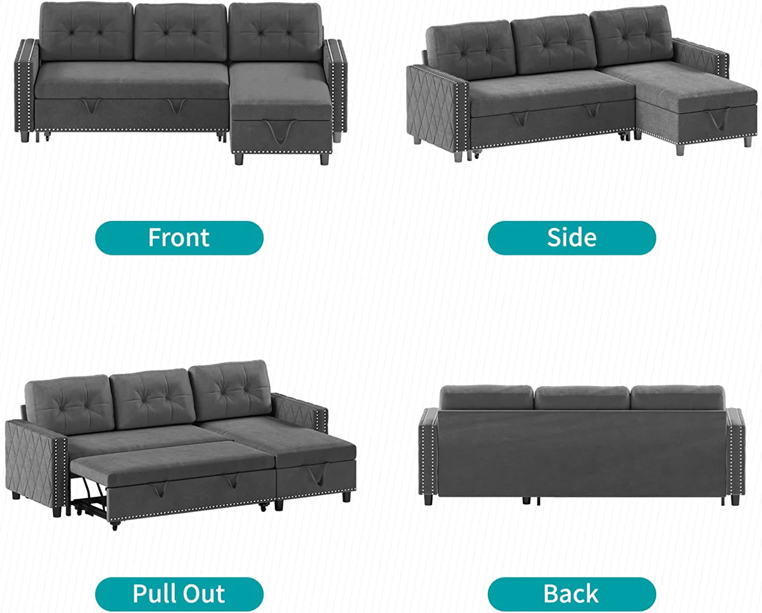 BALUS Reversible Sectional Sleeper Sofa with Storage Chaise, Velvet Upholstered L-Shape Sleeper Sectional Sofa Couch