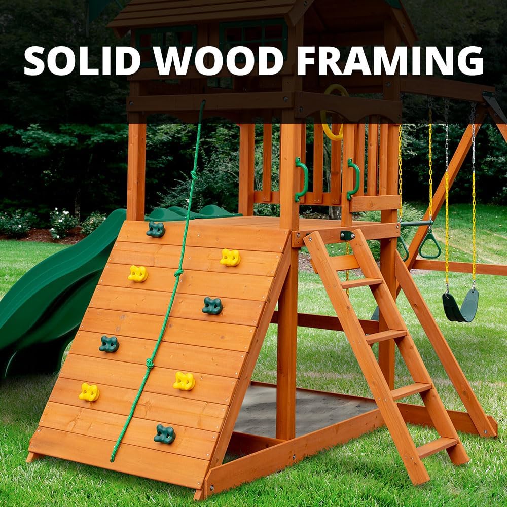Gorilla Playsets 01-1080 Avalon Treehouse Wooden Swing Set with Oversized Green Vinyl Canopy Roof, Trapeze Arm, Climbing Wall, Ladder