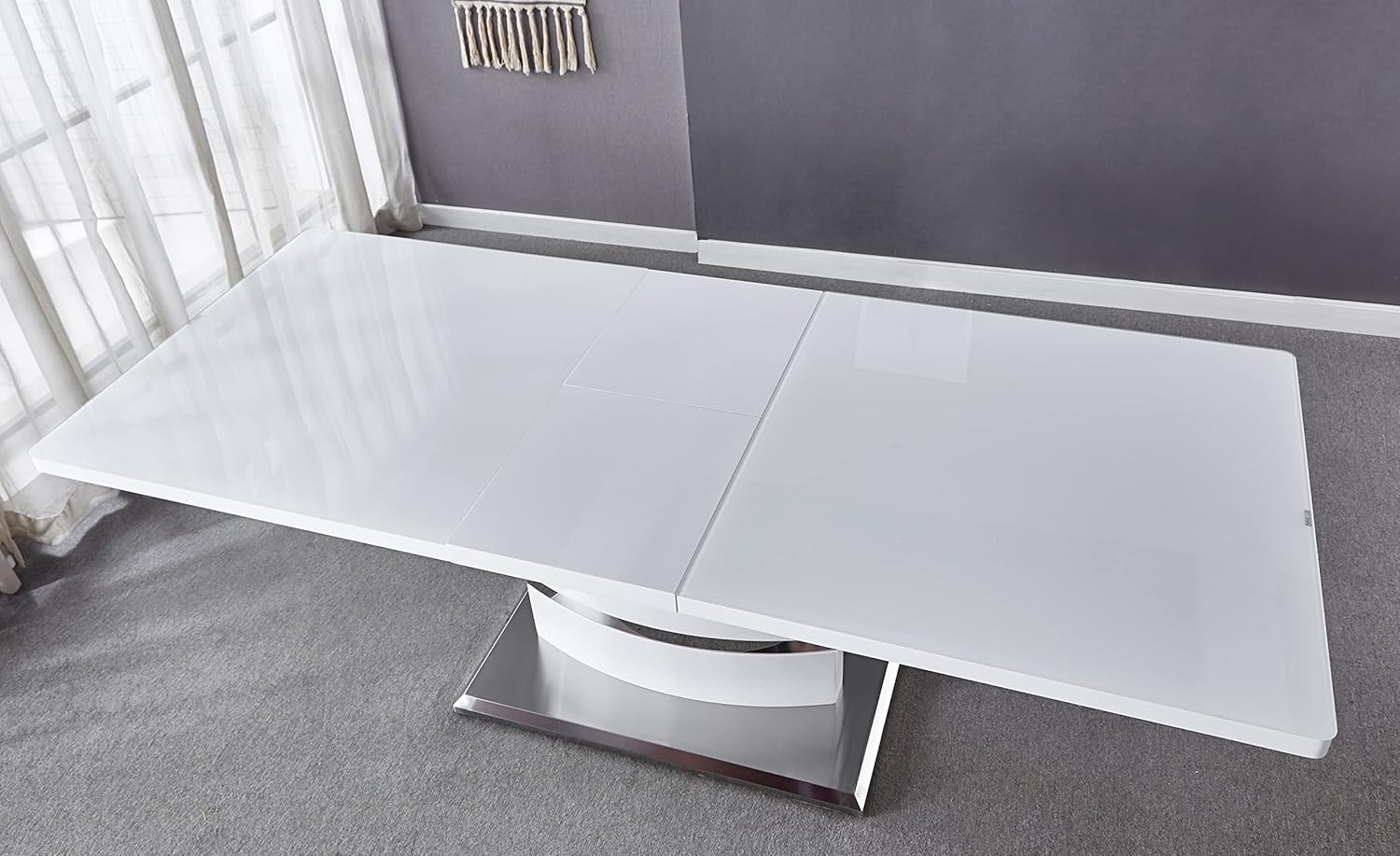 Modern Glossy Extendable Dining Tables, Expandable MDF Top Table w/Butterfly Leaf & White High Gloss Lacquer MDF Base w/Stainless Steel