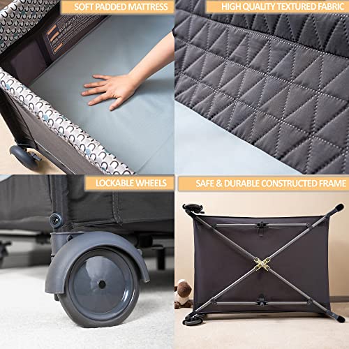 5 in 1 Multifunctional Pack and Play,Qutanix Foldable Baby Crib with Bassinets,Changing Table,Newborn Napper with Canopy,Diaper Stacker