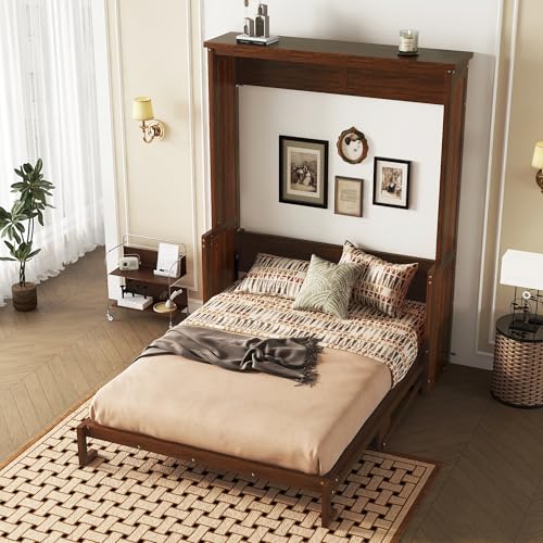 KEIKI Queen Size Murphy Bed with Desk, Horizontal Wood Wall Bed Cabinet with Gas Struts, Space-Saving Folding Bed for Bedroom, Living Room